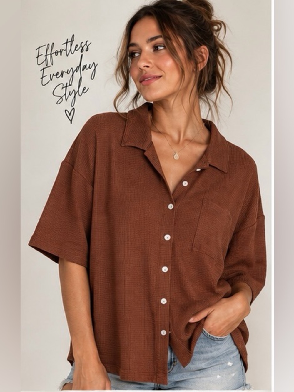 Double Zero Brown Short Sleeve Button-Down Waffle Knit Top NWOT